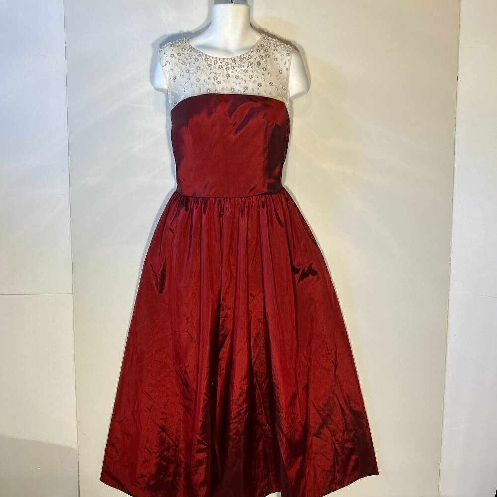 Wine Iridescent Taffeta Formal with Sheer Illusion beaded bodice formal prom